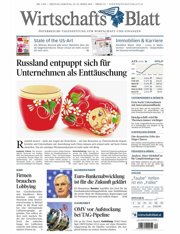 Titelblatt des WirtschaftsBlatt mit einer Abbildung von russischen Matroschka-Puppen.