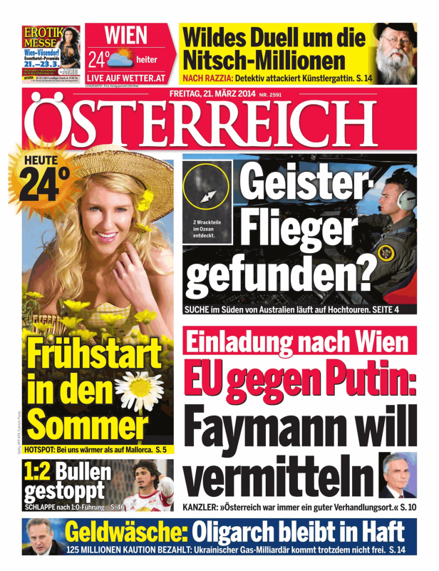 Titelseite der Zeitung „Österreich“ vom 21. März 2014 mit verschiedenen Nachrichten.