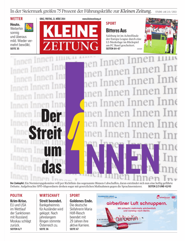 Titelseite der Kleinen Zeitung vom 21. März 2014 mit Artikeln zu verschiedenen Themen.