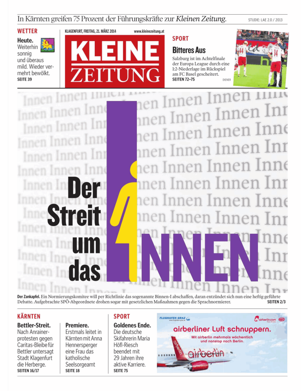 Titelseite der Kleinen Zeitung vom 21. März 2014 mit Artikeln zu verschiedenen Themen.