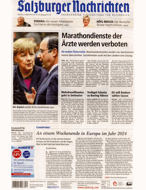 Titelseite der Salzburger Nachrichten vom 21. März 2014.
