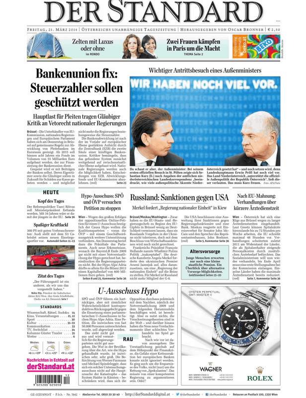 Titelseite der Zeitung „Der Standard“ vom 21. März 2014.