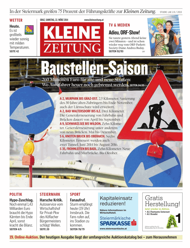 Titelseite der Kleinen Zeitung vom 22. März 2014 mit dem Thema „Baustellen-Saison“.