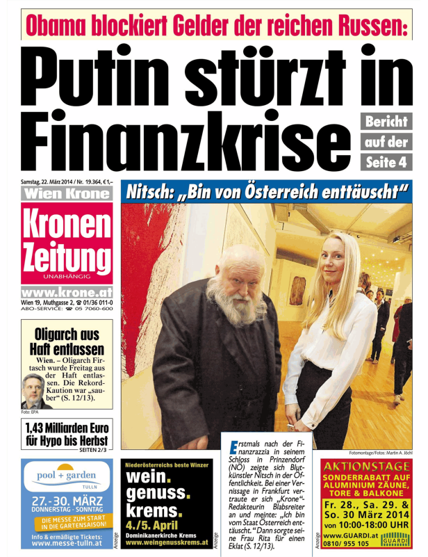 Titelseite der „Kronen Zeitung“ vom 22. März 2014 mit Artikeln über Putin und Hermann Nitsch.