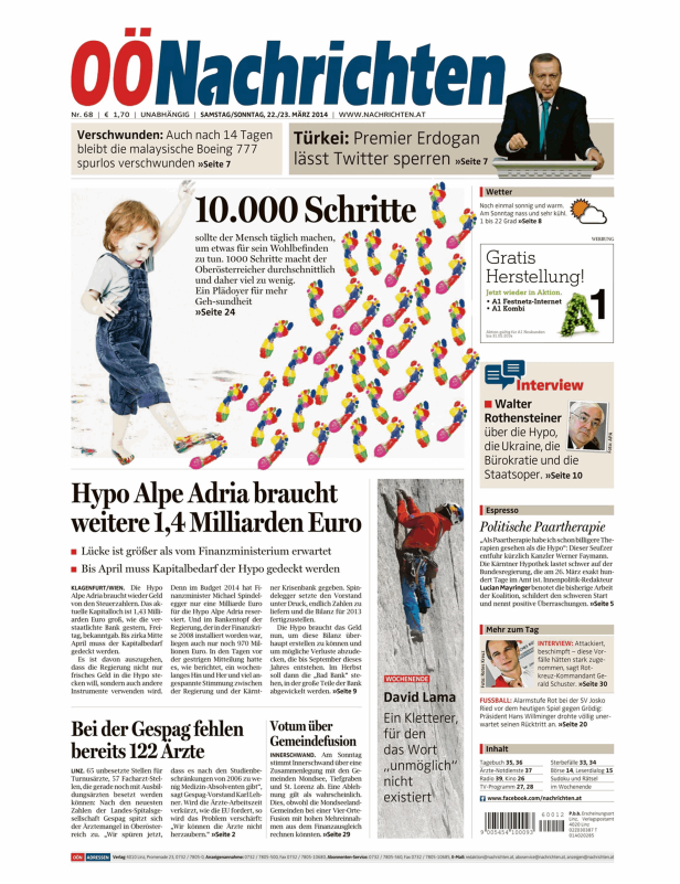 Titelseite der „OÖ Nachrichten“ vom 22./23. März 2014 mit verschiedenen Artikeln.