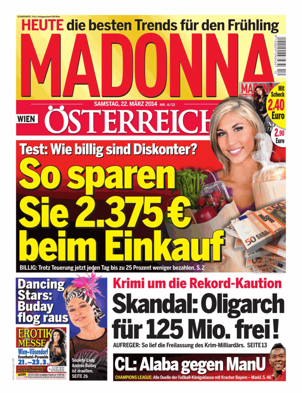 Titelseite der Zeitschrift „Madonna“ vom 22. März 2014 mit einer Frau beim Einkaufen und Artikeln über Buday und Alaba.