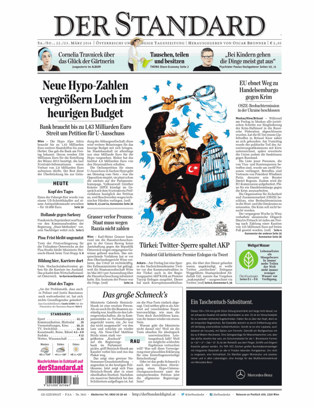 Titelseite der Zeitung „Der Standard“ vom 22./23. März 2014.