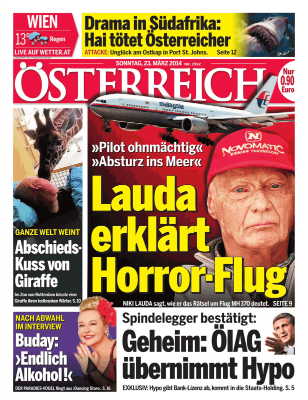 Titelseite der Zeitung „Österreich“ vom 23. März 2014 mit Meldungen über einen Haiangriff und den vermissten Flug MH370.