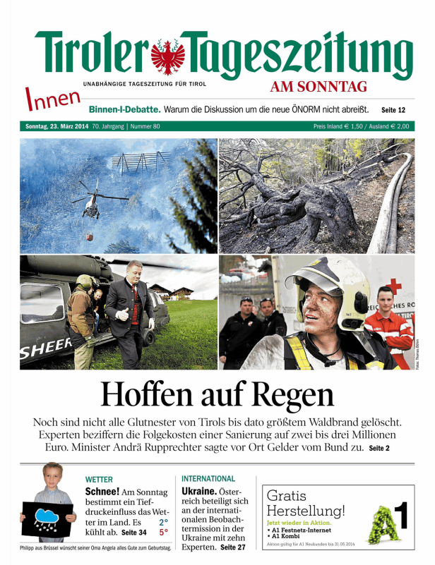 Titelseite der Tiroler Tageszeitung vom 23. März 2014 mit Berichten über einen Waldbrand und Wettervorhersagen.