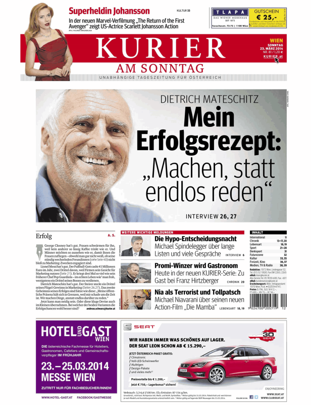 Titelseite des „Kurier am Sonntag“ mit Bildern von Scarlett Johansson und Dietrich Mateschitz.