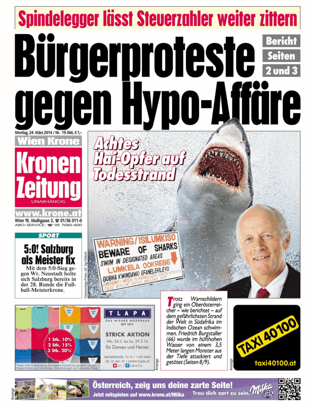 Titelseite der „Kronen Zeitung“ vom 24. März 2014 mit einer Schlagzeile über Hai-Angriffe.
