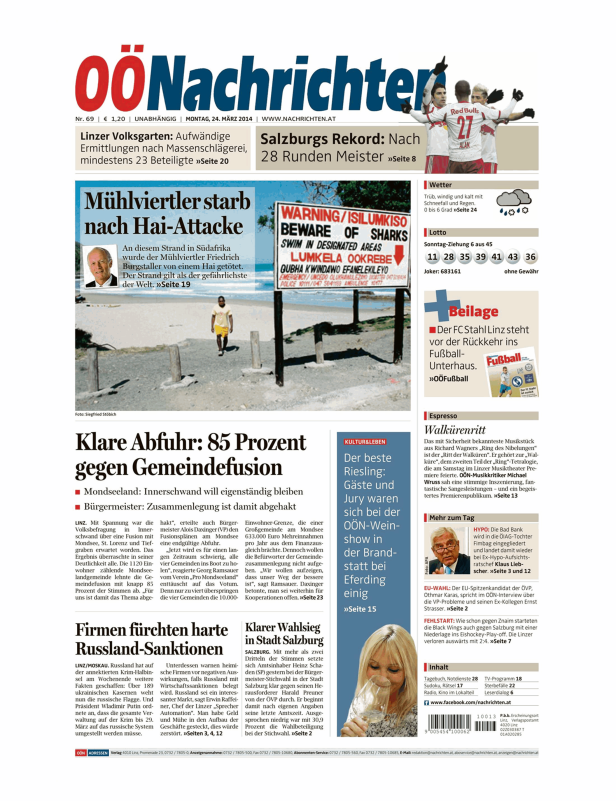 Titelseite der OÖNachrichten vom 24. März 2014 mit verschiedenen Artikeln und Bildern.
