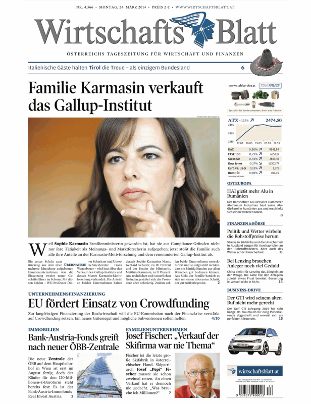 Titelseite des Wirtschaftsblatt vom 24. März 2014.