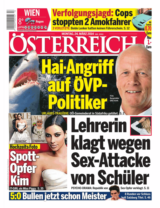 Titelseite der österreichischen Zeitung „Österreich“ vom 24. März 2014.