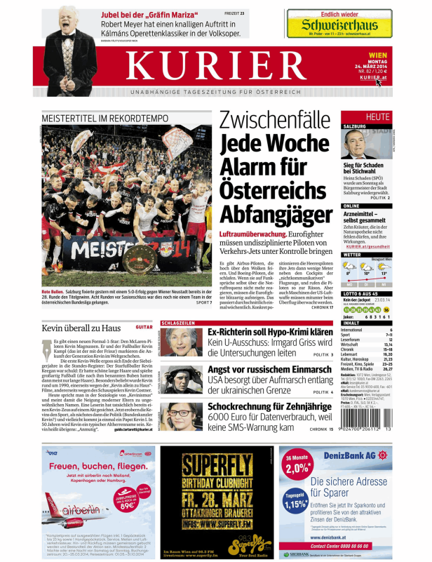 Titelseite des Kurier vom 24. März 2014 mit Artikeln zu verschiedenen Themen.