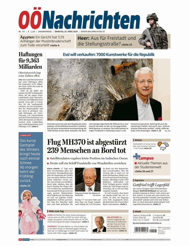Titelseite der OÖNachrichten vom 25. März 2014 mit Artikeln zu MH370, Karlheinz Essl und anderen Themen.