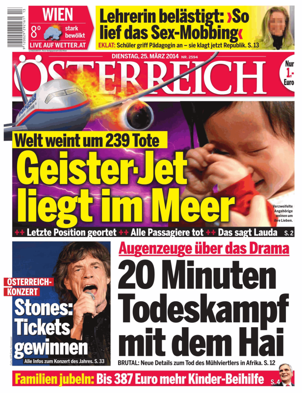 Titelseite der Zeitung „Österreich“ vom 25. März 2014 mit der Schlagzeile über den vermissten Malaysia-Jet.