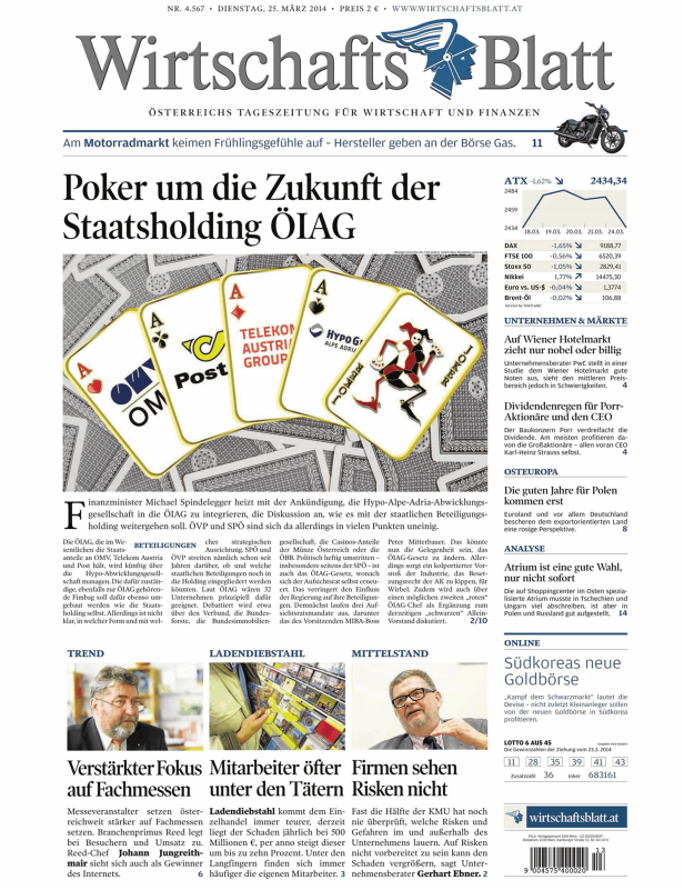 Titelseite des WirtschaftsBlatt vom 25. März 2014 mit dem Titel „Poker um die Zukunft der Staatsholding ÖIAG“.