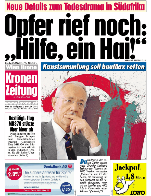 Titelseite der Kronen Zeitung vom 25. März 2014 mit Schlagzeilen zu MH370 und einer Kunstsammlung.