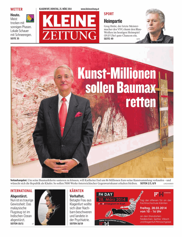 Karlheinz Essl vor einem seiner Kunstwerke, das verkauft werden soll, um die Baumarktkette Baumax zu retten.