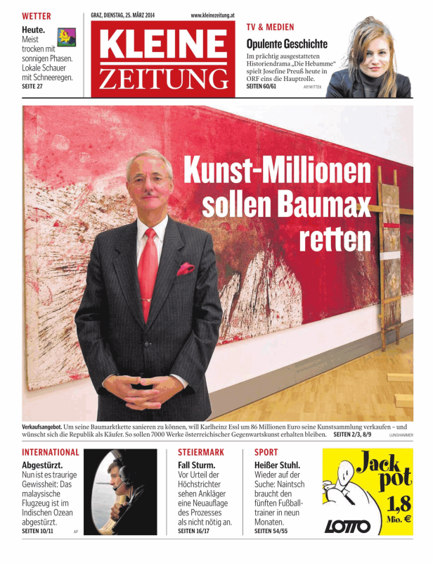 Karlheinz Essl vor einem seiner Kunstwerke, das rote und weiße Farbtöne aufweist.