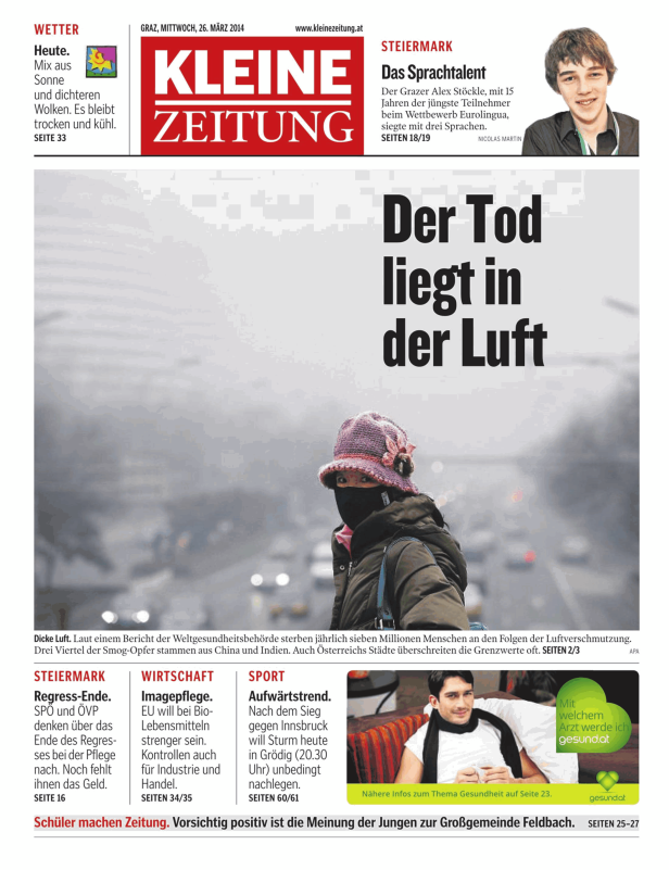 Eine Frau mit Mundschutz und Mütze steht vor einer verschmutzten Stadt.