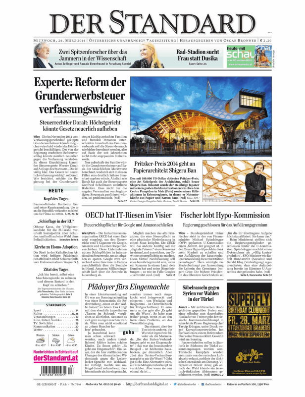 Titelseite der österreichischen Tageszeitung „Der Standard“ vom 26. März 2014.