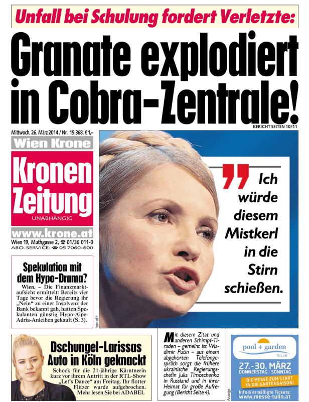 Titelseite der „Kronen Zeitung“ vom 26. März 2014 mit einem Bild von Julia Timoschenko.