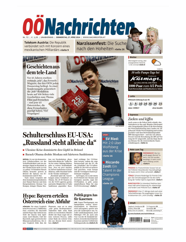 Titelseite der OÖ Nachrichten vom 27. März 2014 mit Artikeln zu EU-USA-Beziehungen und Wirtschaftsthemen.