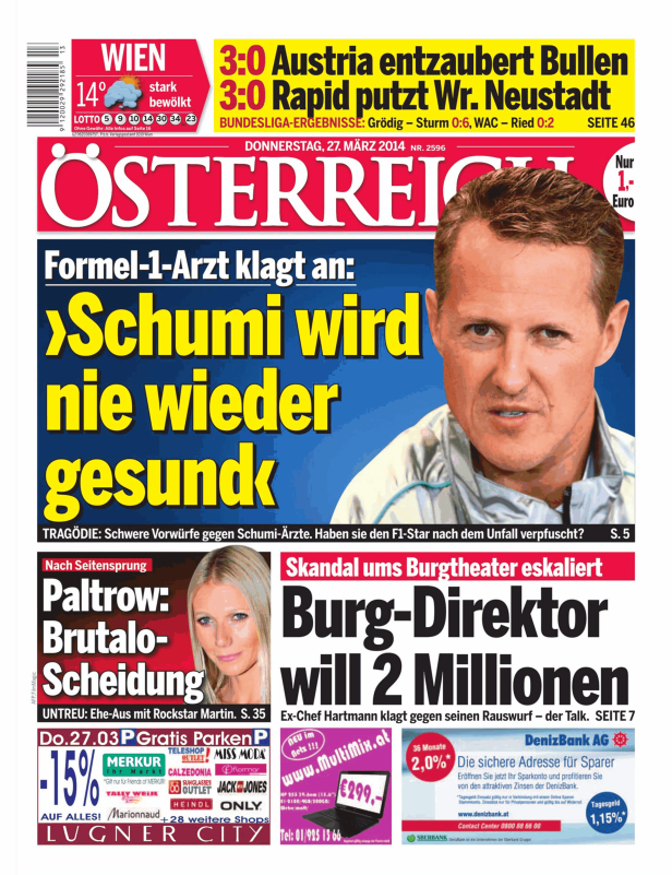 Titelseite der Zeitung „Österreich“ vom 27. März 2014 mit einem Artikel über Michael Schumacher.