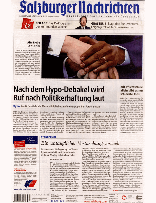 Eine Nahaufnahme eines Händedrucks auf der Titelseite der Salzburger Nachrichten.