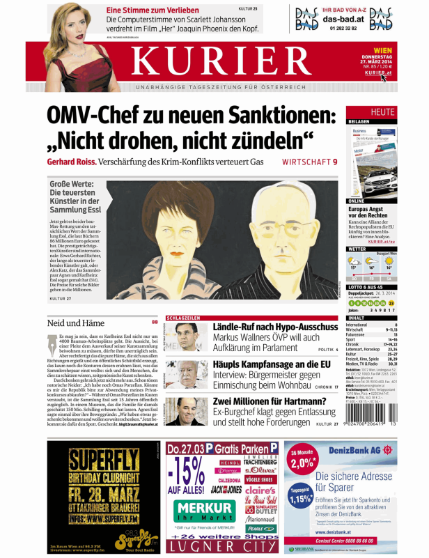 Titelseite der Zeitung „Kurier“ vom 27. März 2014 mit Artikeln zu verschiedenen Themen.