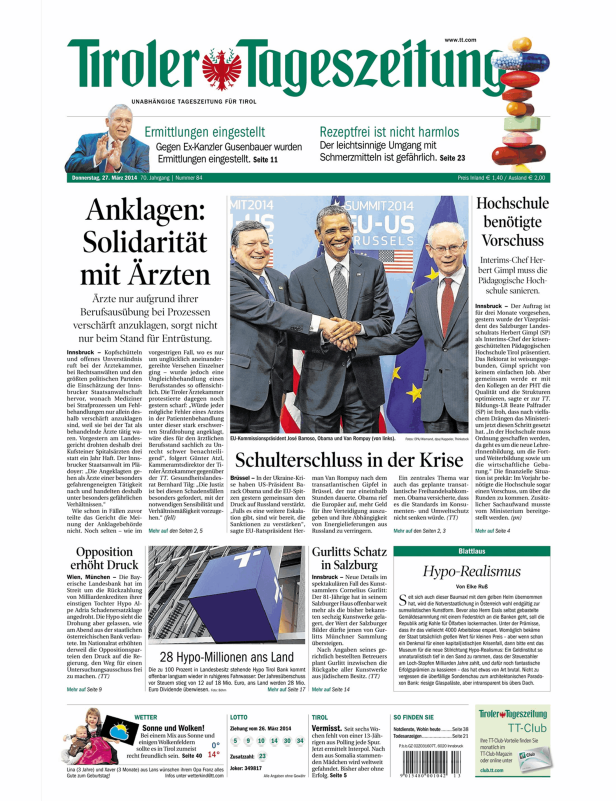 Titelseite der Tiroler Tageszeitung vom 27. März 2014 mit Artikeln zu verschiedenen Themen.