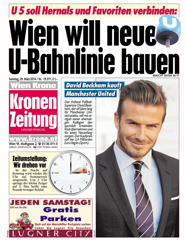 Titelseite der „Kronen Zeitung“ mit einem Artikel über David Beckham und eine neue U-Bahnlinie in Wien.