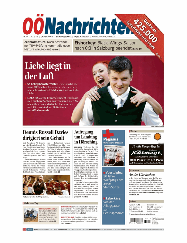 Titelseite der OÖNachrichten mit dem Titel „Liebe liegt in der Luft“ und einem Paar im Hintergrund.