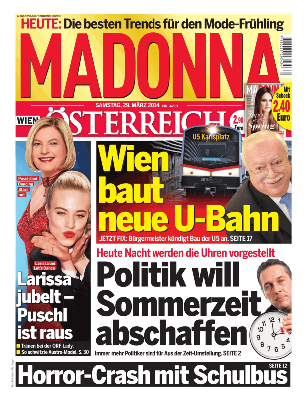 Titelseite der Zeitschrift „Madonna“ vom 29. März 2014 mit Artikeln über Mode, Politik und den Bau der U5 in Wien.