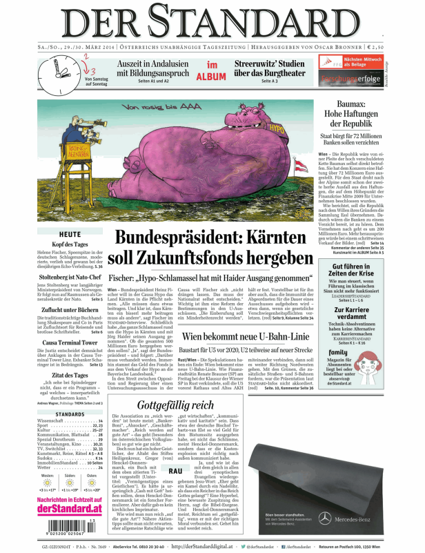 Karikatur in der Zeitung „Der Standard“ zeigt ein rosafarbenes Nilpferd mit der Aufschrift „Hypo“.