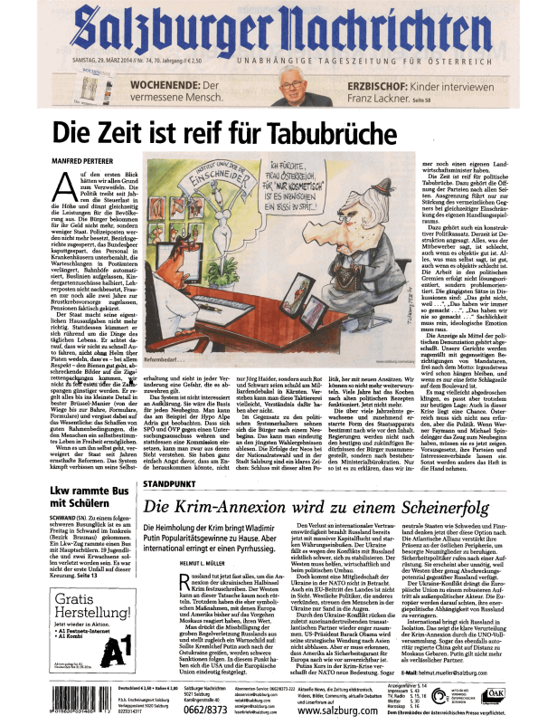 Titelseite der Salzburger Nachrichten vom 29. März 2014.