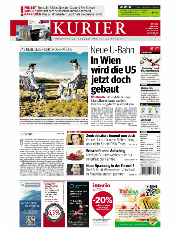 Titelseite des Kurier vom 29. März 2014 mit Artikeln über eine neue U-Bahn und „Breaking Bad“.