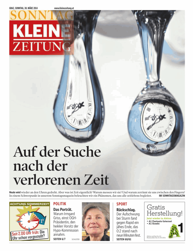 Titelseite der Kleinen Zeitung vom 30. März 2014 zum Thema Zeitumstellung.