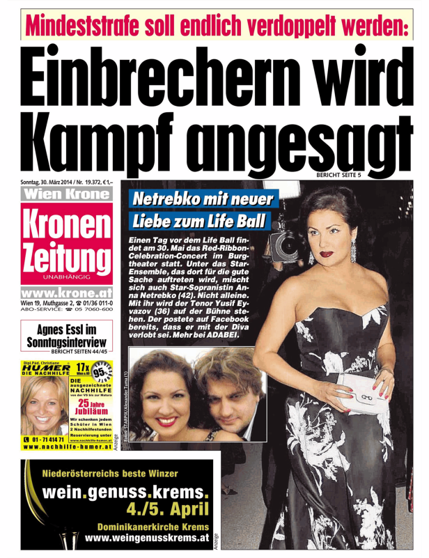 Titelseite der Kronen Zeitung mit einem Artikel über Anna Netrebko beim Life Ball.