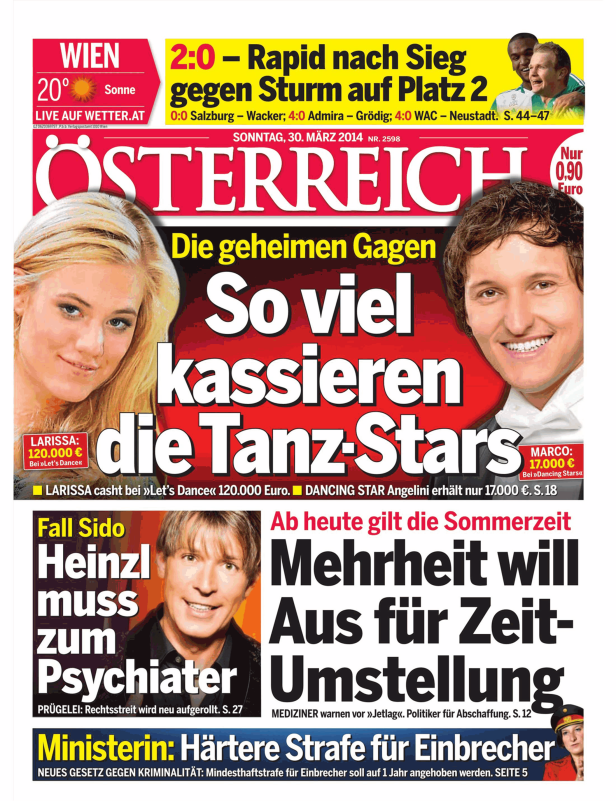 Titelseite der Zeitung „Österreich“ vom 30. März 2014 mit Artikeln über Tanz-Stars, Sommerzeit und Kriminalität.