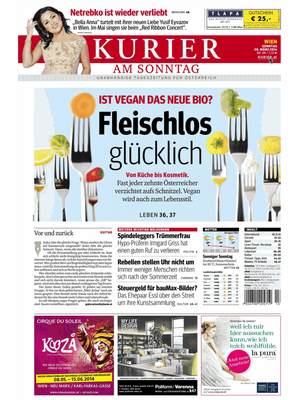 Titelseite des Kurier am Sonntag mit Anna Netrebko und Artikeln über vegane Ernährung.
