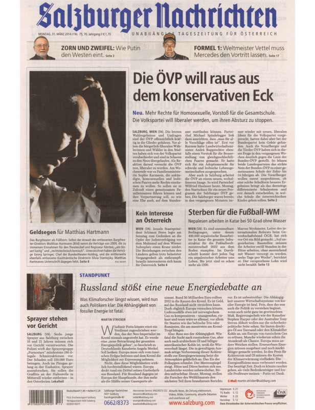 Titelseite der Salzburger Nachrichten vom 31. März 2014.