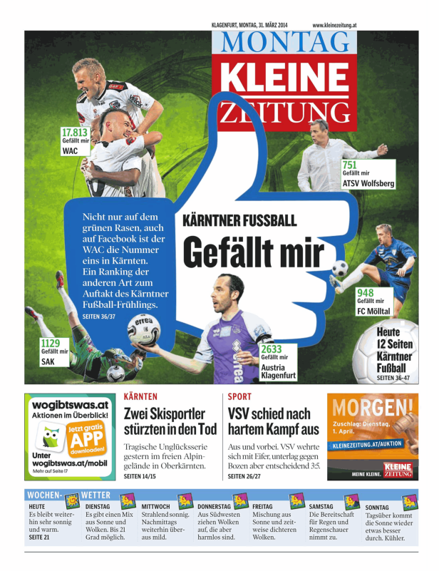 Titelseite der „Kleinen Zeitung“ vom 31. März 2014 mit Fokus auf Kärntner Fußball.
