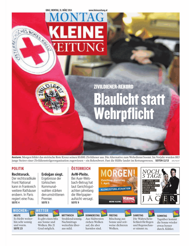 Titelseite der Kleinen Zeitung vom 31. März 2014 mit Artikeln über Zivildienst und Politik.