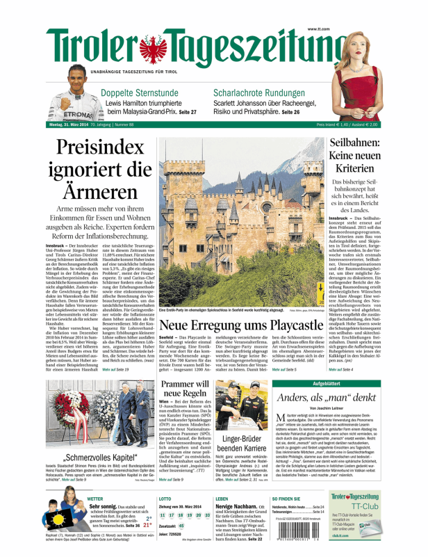 Titelseite der Tiroler Tageszeitung vom 31. März 2014.