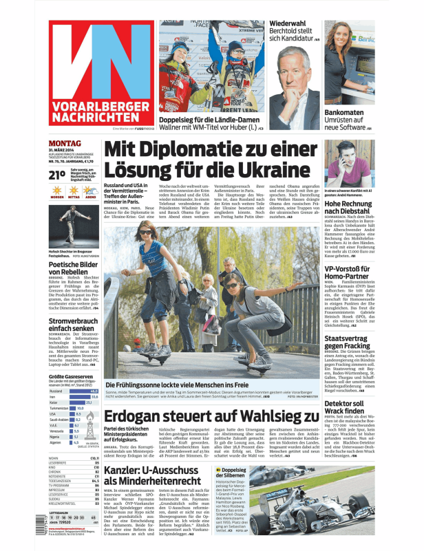 Titelseite der Vorarlberger Nachrichten vom 31. März 2014 mit verschiedenen Artikeln und Bildern.