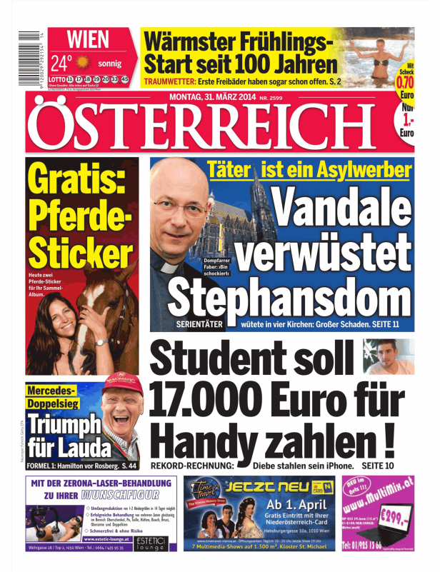 Titelseite der Zeitung „Österreich“ vom 31. März 2014 mit verschiedenen Artikeln.