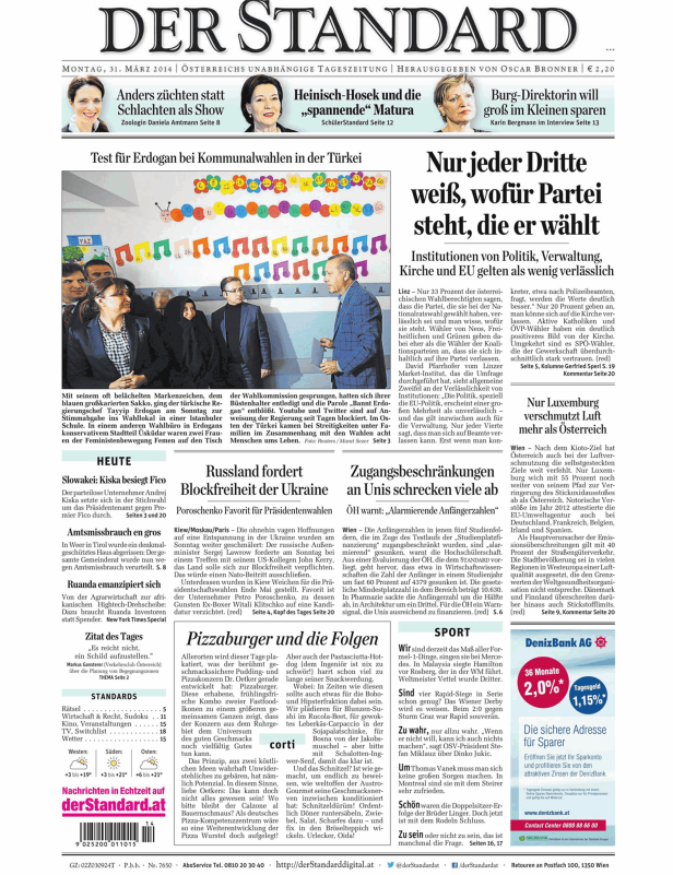 Titelseite der Zeitung „Der Standard“ vom 31. März 2014.